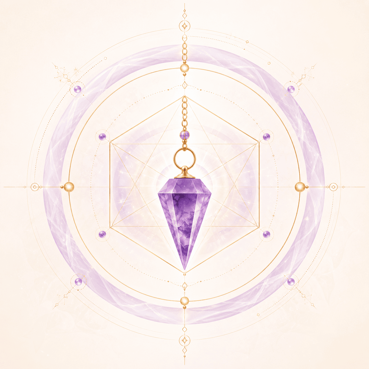 Mandala energético luminoso con péndulo de amatista en tonos dorado y lavanda