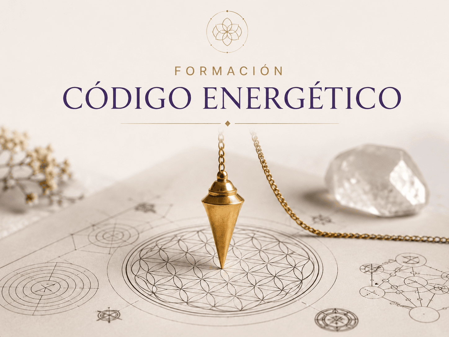 Formación Código Energético 360 con péndulo dorado sobre geometría energética
